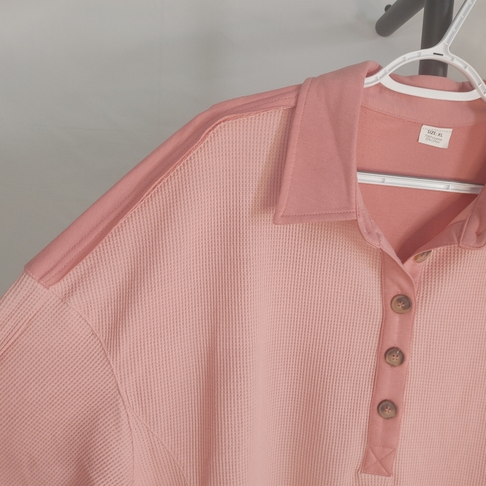 Waffle Knit Polo Tunic Top XL Peach Pink Oversized Thermal Long Sleeve Pockets - Picture 7 of 8